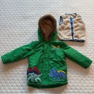 Mini Boden 3 In 1 Boy’s Winter Jacket Size 2-3Yrs Green Dinosaurs Faux Fur Lined